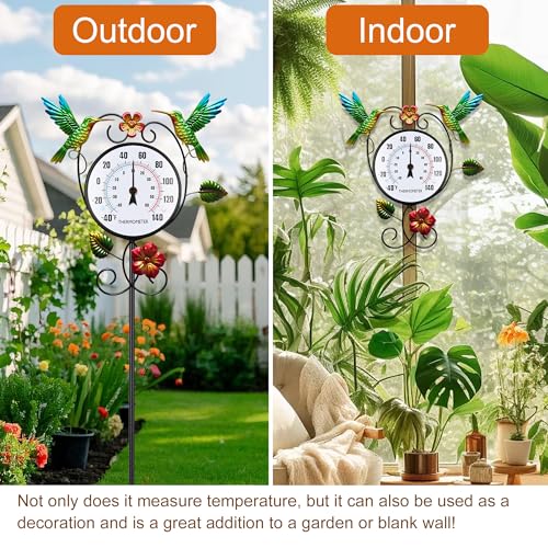 Hummingbird Outdoor Thermometer with 35.7" Stake Waterproof | Hanging Wall Outside Thermometer for Patio Garden Yard Porch Indoor Decor, Easy to Read, No Battery Required - style: Hummingbird