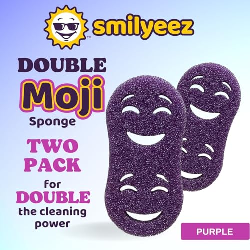 Smilyeez Double-Size Scrub Moji Sponge 2-Pack – Dual Smiling Faces, Temperature-Responsive Scrubber – Scratch-Free, Odor & Stain Resistant – Purple - color: Purple Double Moji