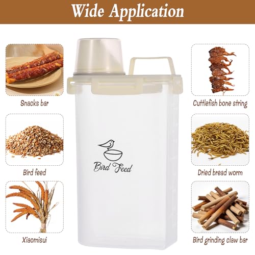 3.17 Qt/3 L Bird Seed Storage Container Airtight- Portable Bird Food Container with Airtight Measuring Cup, Clear Pet Parrot Seed Dispenser for Birds Food Chicken Feed Storage, Beige Lid