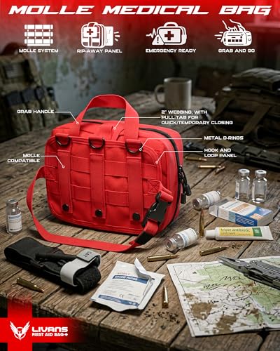 LIVANS Medical Bag, First Aid Bag Empty for Emergency & Trauma Kits | Molle Quick Release Design, Headrest Mount, Includes Flag and Cross Patch,Versatile for Tactical, Camping, Hiking and Travel - color: Red