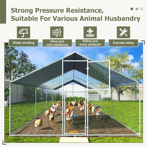 Large Metal Chicken Coop,19.7x9.8x6.4 FT Chicken Run for Yard with Waterproof & Anti-UV Cover,Walk in Chicken Pen with Feeding Door (26.2 * 9.8 * 6.4 ft) - size: 314.8"L x 118.1"W x 76.8"H