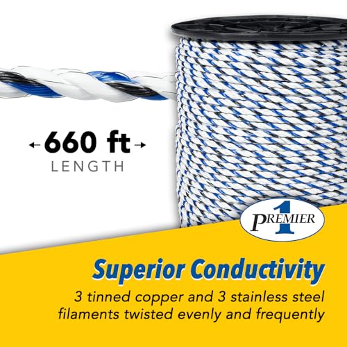 Premier 1 IntelliRope® Blue Electric Fence Rope – 6mm, 660 ft | 3 tinned copper + 3 SS filaments. Superior Conductivity. Blue filaments visible to animals. For horses, cattle & sheep. - size: 660' Spool