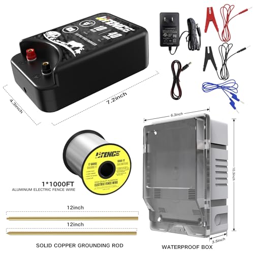 AC/DC 2 in 1 Power Supply, Electric Fence Energizer Kit for 10 Mile Preventing Wild Animal Intrusion, 40 Acre Coverage, 12V Input, 12KV 2 Joule Output, Electric Fence Charger for Livestock - color: BLACK-Complete Kit