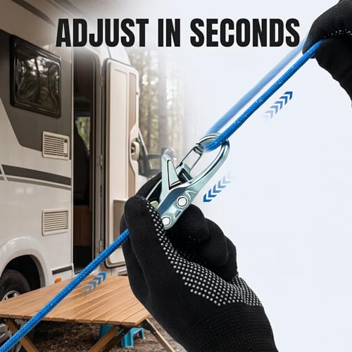 6 Pack Cam Buckle Tie Down Straps with Reflection Rope, 115LBS Break Strength Heavy Duty Tensioners, Adjustable Tent Guy Lines for Camping Cargo Securing Outdoor Activities, Includes 1 Pair Gloves