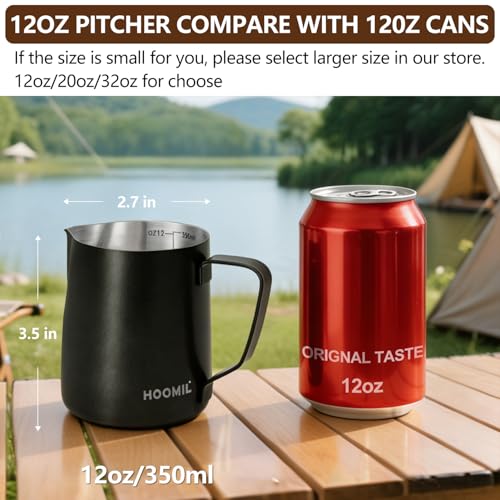 HOOMIL Milk Frothing Pitcher, 12oz/20oz/32oz 304 Stainless Steel | Steaming Pitcher with Clear Scale, Barista Milk Frother Cup Jug for Espresso Machine Coffee Cappuccino Latte Art - 12oz - color: Matte Black, size: 12 Ounces