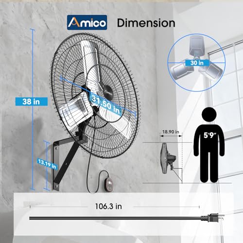 Amico 30 Inch Wall Mounted Fan with Remote Control, Brushless DC Motor | 8 Speeds, High Velocity Whisper-Quiet, Outdoor Oscillating Waterproof Shop Fan with Timer for Gym, Patio,Garage, Warehouse - size: 30 inch