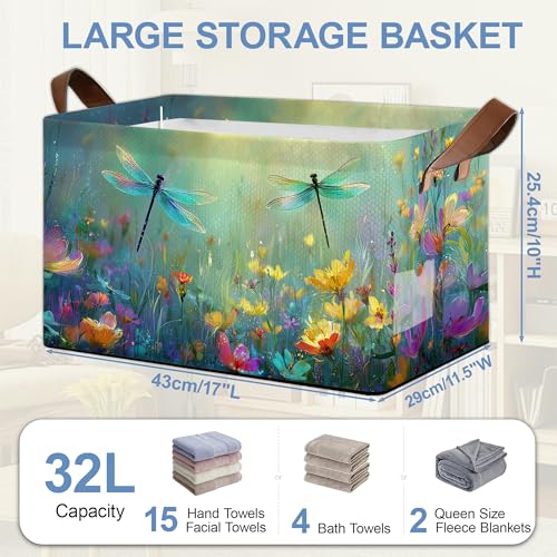 Dragonfly Storage Basket,Flower Collapsible Storage Bin Cubes for Living Room Bedroom Blankets Home Storage 17x11.5x10Inch - color: Dragonfly Flower