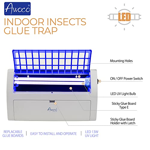 Awoco LED 13W 100V-240V Wall Mount Sticky Fly Trap Lamp for Capturing Flies, Mosquitoes, Moths and Flying Insects (Fly Trap + 6 Glue Boards) - size: Fly Trap Combo