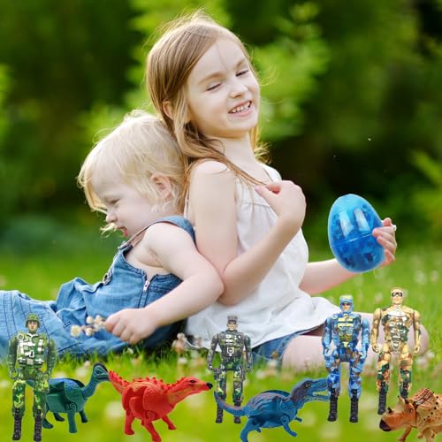 8 Pack Easter Jumbo Princess Deformation Prefilled Easter Eggs with Toys,Party Favors Gift for for Girls Toddlers Kids, Easter Basket Stuffers Fillers, Classroom Prize Supplies (Soldier+Dinosaur) - style: soldier+dinosaur