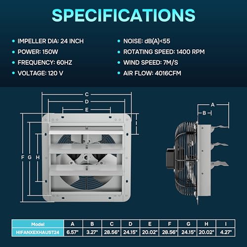 Simple Deluxe 24 Inch Wall Mounted Shutter Exhaust Fan with Temperature Controller and Power Cord Kit, Aluminum, 1400 RPM, 4016 CFM, for Attic, Garage, Louvered Vent, Plant, Greenhouse, Silver - size: 24 Inch