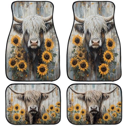 Cow Car Floor Mats Sunflower Rustic Farmhouse Wood Barn Carpet Front Rear Carpets Mat Decorative Car Floor Carpets Non-Slip Auto Car Accessories Universal Fit for Car SUV Truck Van - color: Cow