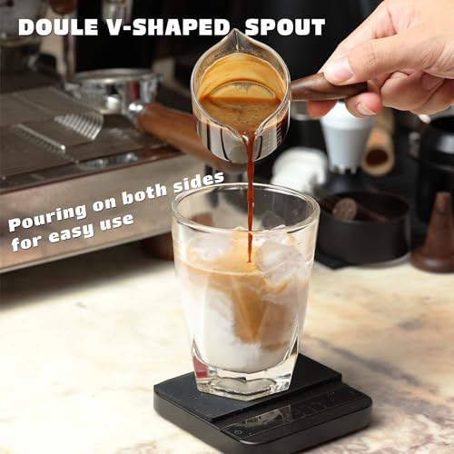 Handmade Espresso Shot Glass Double Spouts 3.5oz with American Walnut Handle, Espresso Measuring Cup, Double Spout Glass Measuring Cup, Milk Frothing Pitcher - color: Clear