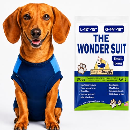 Surgi Snuggly Dog Surgery Recovery Suit, Cone Alternative, Spay/Neuter SL | Dog Recovery Suit for Dogs — Veterinarian-Invented Surgical Suit & Recovery Onesie with Easy Bathroom Access After Surgery - color: Double Blue, size: Small Long (L-12"-15" | G-14