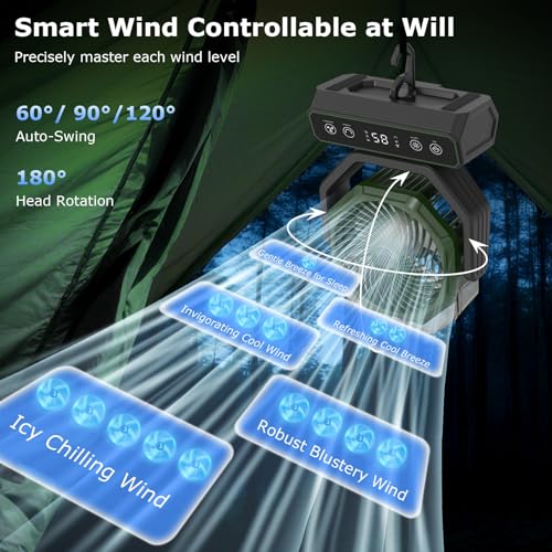 V JULES.V Portable Fan for Bedroom,40000mAh Rechargeable Desk Fan with Smart APP Remote Control,Misting Fan with RGB Lights,Timer,5 Speed Camping Fan for Travel,Tents,Beach,Office,Outdoor-Army Green