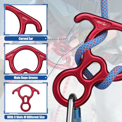 50KN Rescue Figure, 8 Descender Large Bent-Ear Belaying and Rappelling Gear Belay Device Climbing for Rock Climbing Peak Rescue 7075 Aluminum Alloy - color: Red