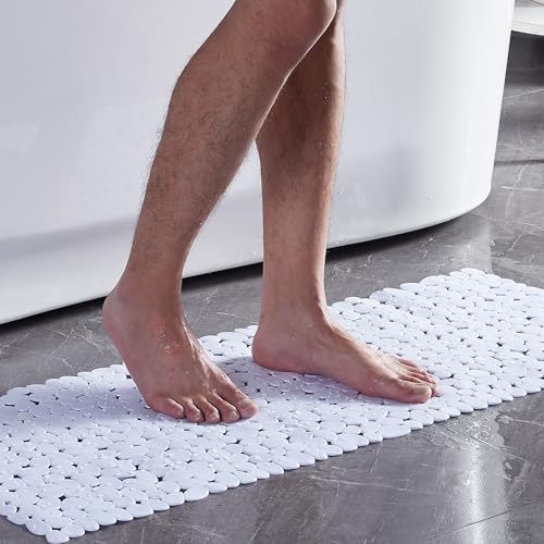 Webos Bath Shower Mat Non Slip: Extra Large Pebble Bathtub mat for Kids, Elderly, Anti Slip Shower Matt with Drain Holes Suction Cups Tub Mat - 16 X 40 Inch White - color: Pebble White