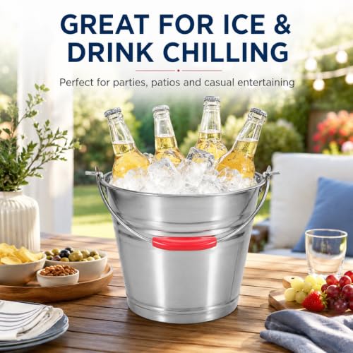 Healeved 5L Stainless Steel Bucket with Handle 9.4-Inch Round Pail | Red Grip Handle, For Ice Chilling, Beverage Service, Kitchen Carrying and Outdoor Utility Use