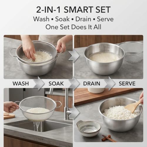 18/8 Stainless Steel Fine Mesh Colander Set, 3.5Qt | Includes 1 mixing bowl with built-in measurement marks and 1 fine 20-mesh strainer for rinsing, mixing, and draining.
