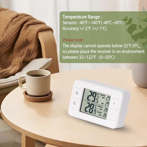 Refrigerator Thermometer, Digital Freezer Thermometer with 2 Wireless Temperature Monitor Sensors, Big LCD Display, Min/Max, Audible Alarm for Home Restaurants Fridge