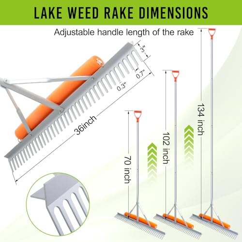 Floating Weed Lake Rake, 36 Inch Widths Pond Rake Aquatic Weed Rake, 133 Inch Extensible Multifunctional Folding Weeding Rakes, Aluminum Landscape Rakes with 49.2 FT Rope - style: 36 Inch Landscape Rake Set