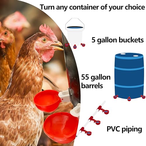8pack Large Poultry Waterer, Professional Chicken Water Cups for Poultry LANARP Float Style Gravity Chicken Watering System, Tee Fittings Poultry Waterer Suitable, with Mounting Hole Opener (8)