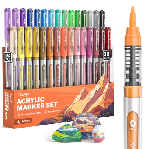 JusArt Acrylic Paint Markers Brush Tip 30 Colors, Automatic Ink Control | Water-Based Acrylic Markers for Artist, Waterproof Paint Pens, School Classroom, DIY Art & Crafts -Fabric, Wood, Rock, Metal - color: 30 Colors