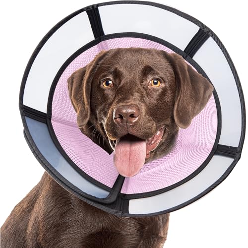 Soft Dog Cone, Stop Licking Deep Pet Recovery Collar After Surgery for Large Medium Dogs, Clear Plastic Breathable Elizabethan Head Neck Circle, Adjustable Comfortable Cones 25cm /10" Long (L Pink) - color: Pink, size: L(Neck:14.25-18")