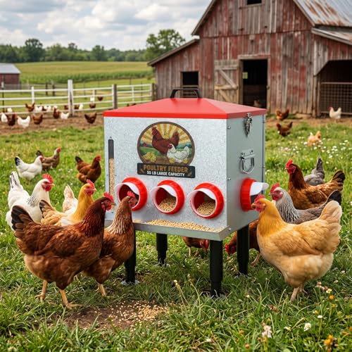 55LB Automatic Chicken Feeder Large with 8 No-Waste Ports | Large Poultry Feeder, Adjustable Legs, Viewing Window, Rainproof Lid, Locking Cover for Chickens, Ducks and Poultry