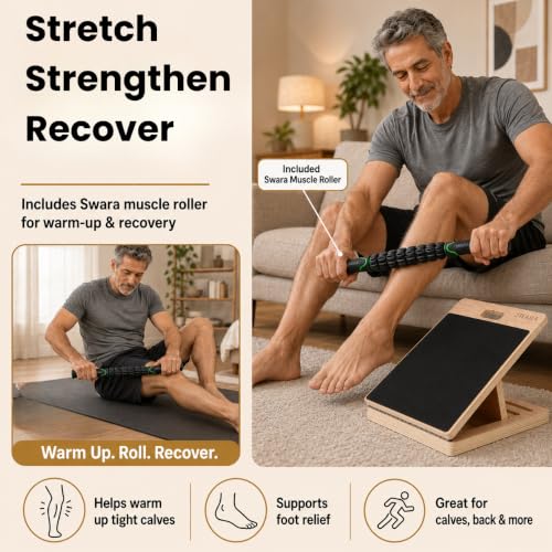 Swara 14″ Wide Wooden Slant Board for Calf Stretching & Exercise, Foldable | Adjustable incline board with thicker base, guide and bonus muscle roller; beginner-friendly, stable design, 400 lb capacity - size: 14x14 Inch