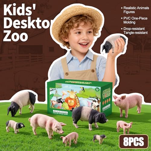 8 Pcs Realistic Pig Figurines Farm Animal Toys Animal Figures | Solid, Durable, Safe, Plastic Pig Figures Playset, Cake Toppers, Educational Pretend Play, Birthday Christmas Gift - style: Pig