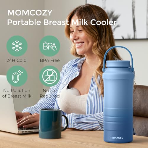 Momcozy 22oz Portable Breastmilk Cooler for 24H Outdoor, Newborn Essentials | 24 Hours & 360° Surrounded Cooling, 2 Extra Baby Bottles for Better Storage, Life Saver for Working Mom, Hassle-Free Cleaning - color: Blue