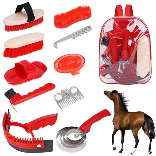 Horse Grooming Kit, 10pcs Horse Brushes & Cleaning Tool Set | Includes Tote Bag, Sweat Scraper, Curry Comb, Brush, Hoof Pick, Livestock Bathing Supplies Equine Care Supplies