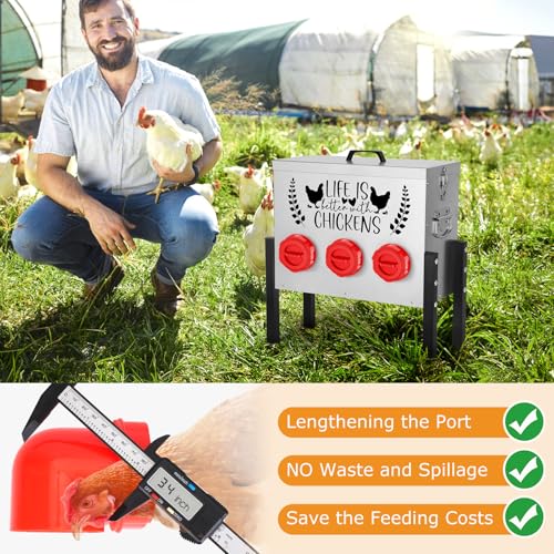 ‎Tgeyd 30 lb Chicken Feeder with 6 No-Waste Ports – Heavy-Duty Outdoor Metal Feeder with Adjustable Height, Locking Lid & Riveted Handles – Rustproof Feed Box for Poultry & Backyard Chickens - color: Rose-bengal