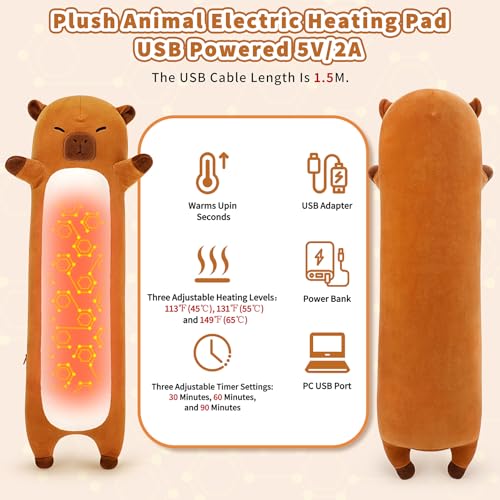 Capybara Plush USB Heating Pad for Period Cramps Menstrual | 20” Capybara Heated Plush Stuffed Animals, Portable Indoor Outdoor Use, Electric Plush Heating Pad for Women Mom Girls Gifts - color: Brown Capybara Heating Pads