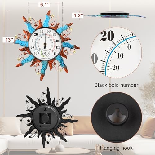 Sun Outdoor Thermometer Waterproof Wall Thermometer for Patio Garden Yard | Equipped with a Hygrometer, No Batteries Required, Dual-Scale Dial with Big Numbers, 13 Inch, Ideal Indoor & Outdoor Decor