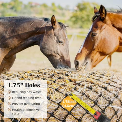 6x6ft Round Bale Hay Net for Horses - Large Size Thick & Durable, Black Nylon Net with 1.75 inch Holes - Square Slow Feed Hay Nets for Horses and Goats - Healthier Feeding Solution.