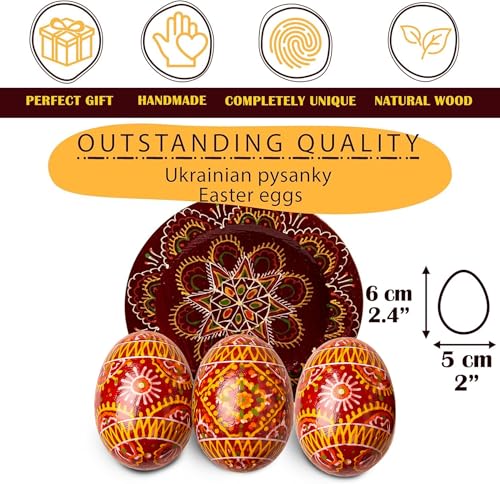 LOVARE Red Vintage 2.0'' Hand Painted Wooden Ukrainian Easter Egg Ornaments (Pysanky) - Set of 3 Mini Chicken Eggs on Plates by QG Group