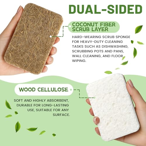 12 Count Plant-Based Kitchen Sponges, Natural Sponge for Non Stick Cookware | Compostable Cellulose, Biodegradable Sponges for Dishes, Non-Scratch Cleaning, Kitchen, Bathroom, Household