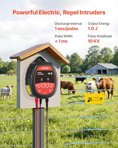 VEVOR Electric Fence Charger, 10kV 1J, AC DC Electric Fence Energizer with LED Indicator, 1.86 Miles Range, Powerful Plug-in Fences Charger, Prevents Wild Animals Intrusion for Livestock Poultry - style: 1J