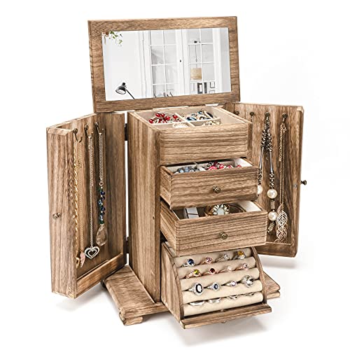 Emfogo Jewelry Box for Women, Rustic Wooden Jewelry Boxes & Organizers with Mirror, 4 Layer Jewelry Organizer Box Display for Rings Earrings Necklaces Bracelets (Rustic Brown) - color: Rustic Brown