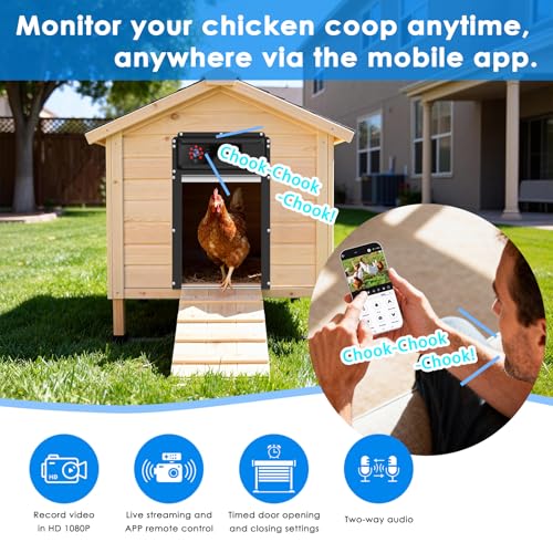 Automatic Chicken Coop Door with HD1080P Camera，Electric Auto WiFi Solar Chicken Coop Door Opener with Timer,Remote Control, APP Control, 5000mA Battery, Night Vision, Alarm Drive,Roll-up Gate