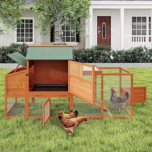 COZIWOW 82" Large Wooden Chicken Coop Mobile Rabbit Hutch with Wheel,Orange | Weatherproof asphalt roof & sunshine board, Anti-slip ramp, Pull-out tray, Hen house with 5 openable doors, Indoor Bunny Cage - color: Orange with Pattern