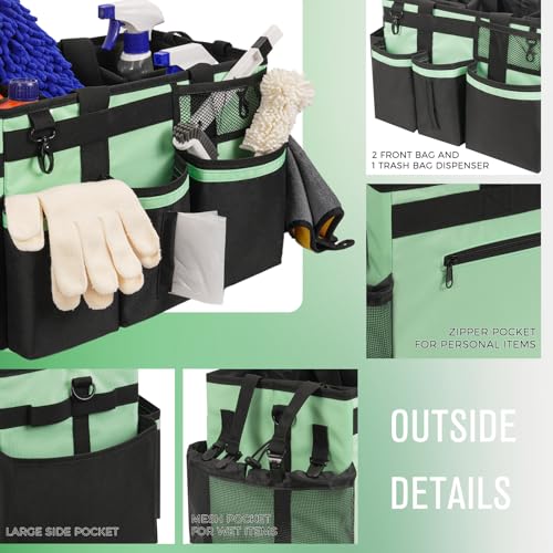 SCAVATA Wearable Cleaning Caddy, Cleaning Caddy Supplies Organizer with Handle & Shoulder Straps for Housekeepers, Under Sink & Car Cleaning Tool Organizers Bag with 4 Foldable Divider (MintGreen) - color: MintGreen