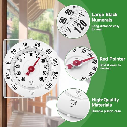 5.5 Inch Indoor Outdoor Thermometer with Mounting Bracket, White | Wall Mounted Garden Thermometer with 360° Swivel, -40 to 140℉