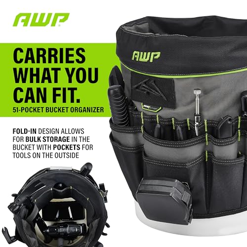 AWP Bucket Tool Organizer 51-pocket, Utility Tool Bag, 1 Pack | Water-Resistant , 51 pockets and loops for Screwdrivers and Electrical Accessories , Fits 5 Gallon buckets