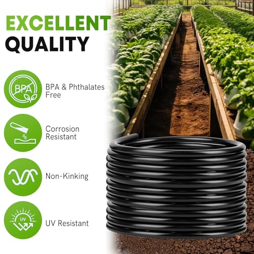 50FT 1/2"(OD) Drip Irrigation Tubing with 4 Fittings | 4 Packs 4-Way Quick Coupler, Push-to-Connect Fittings, For Raised Beds, Garden, Greenhouse, Lawn, Garden Watering System - size: 50FT 1/2”(OD) Tube