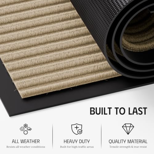 Front Door Mat Outside Entrance, Non-Slip Heavy Duty Doormat, 3'x5' | Beige Striped, Absorbs Moisture and Dirt, Low Profile, Non-Slip Backing, All Weather, Welcome Floor Mat for Entryway Patio - color: Beige Striped, size: 3' x 5'