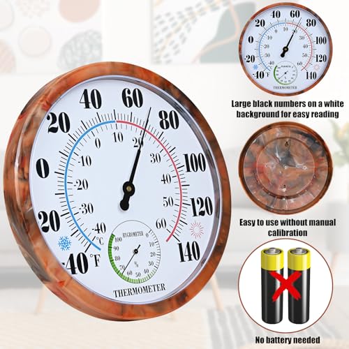 10 Inch Indoor Outdoor Thermometer Hygrometer Combo | Large Dial Analog Temperature Humidity Gauge, Wall Mount Weather Thermometer for Home Patio Greenhouse Garage Room - color: Brown