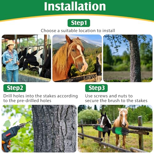 3 Pack Livestock Scratching Brush, Green and Black | Animal Scratcher, Itch Relief Grooming, Horse Goat Cow Scratcher, Fence Post Mounting, Durable Bristles, Farm Livestock Care - color: Green and Black