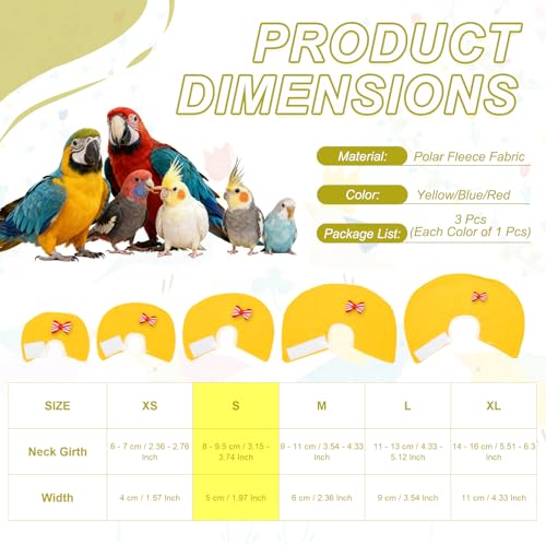 Bird Collars, Bird Cone Collar Protective Recovery Cones, Soft Adjustable Anti-Bite Feather Neck Protector (Yellow/Blue/Red, S, 3 Pcs), Intended for Budgie/Cockatiel/Lovebirds - color: Yellow/Blue/Red, size: S